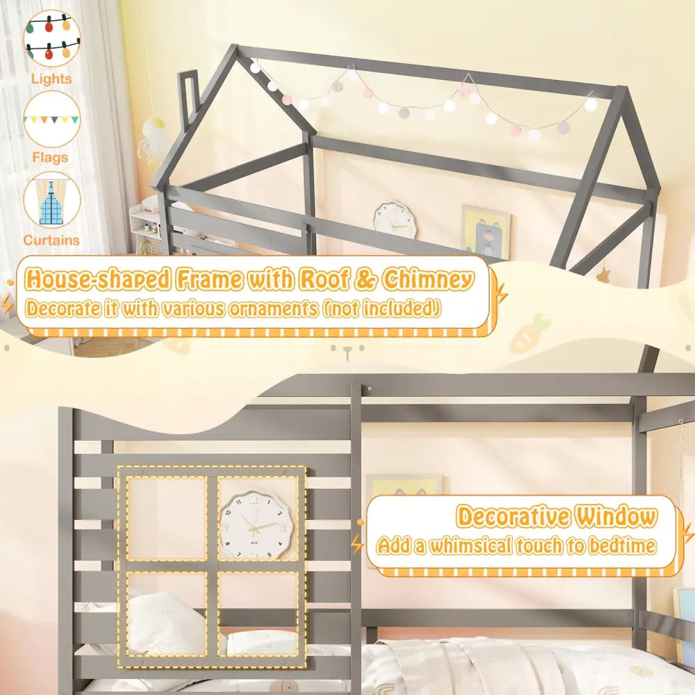 Twin Size Wooden Platform House Bed with Trundle and Roof-Grey - Gray - Trundle Bed Frame