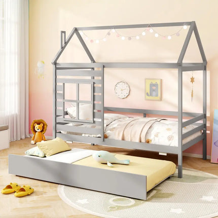 Twin Size Wooden Platform House Bed with Trundle and Roof-Grey - Gray - Trundle Bed Frame