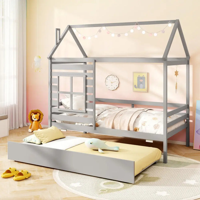 Twin Size Wooden Platform House Bed with Trundle and Roof-Grey - Gray - Trundle Bed Frame