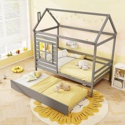 Twin Size Wooden Platform House Bed with Trundle and Roof-Grey - Gray - Trundle Bed Frame