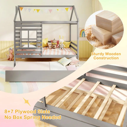Twin Size Wooden Platform House Bed with Trundle and Roof-Grey - Gray - Trundle Bed Frame