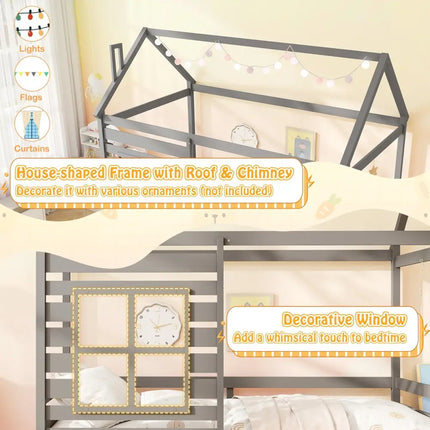 Twin Size Wooden Platform House Bed with Trundle and Roof-Grey - Gray - Trundle Bed Frame