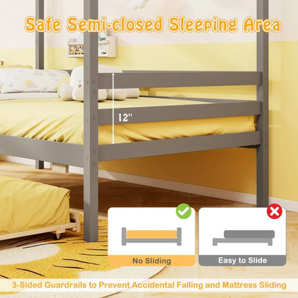 Twin Size Wooden Platform House Bed with Trundle and Roof-Grey - Gray - Trundle Bed Frame