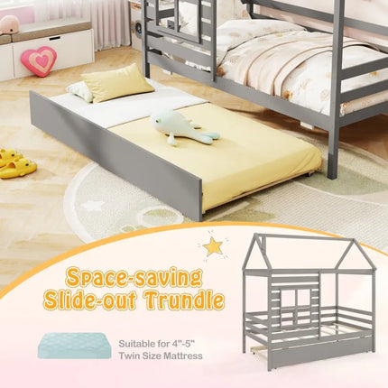 Twin Size Wooden Platform House Bed with Trundle and Roof-Grey - Gray - Trundle Bed Frame