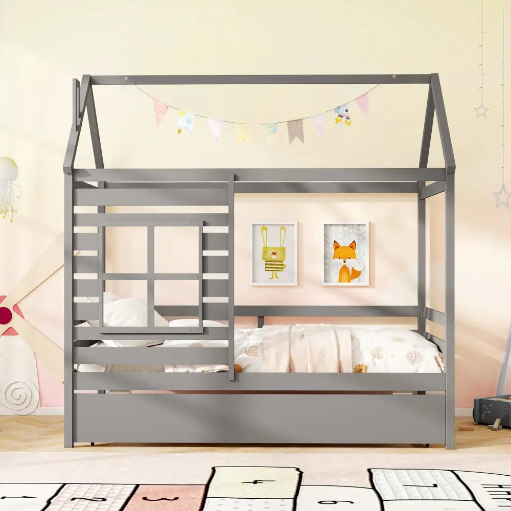 Twin Size Wooden Platform House Bed with Trundle and Roof-Grey - Gray - Trundle Bed Frame