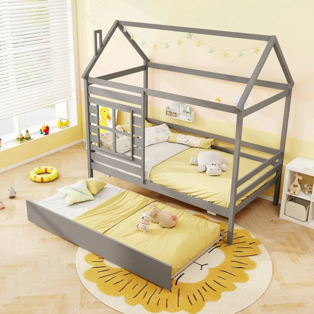 Twin Size Wooden Platform House Bed with Trundle and Roof-Grey - Gray - Trundle Bed Frame