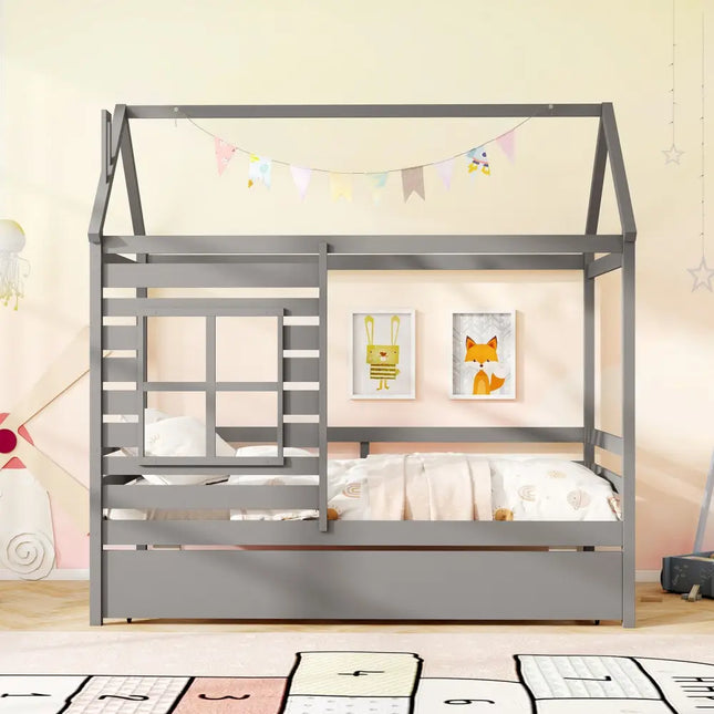 Twin Size Wooden Platform House Bed with Trundle and Roof-Grey - Gray - Trundle Bed Frame