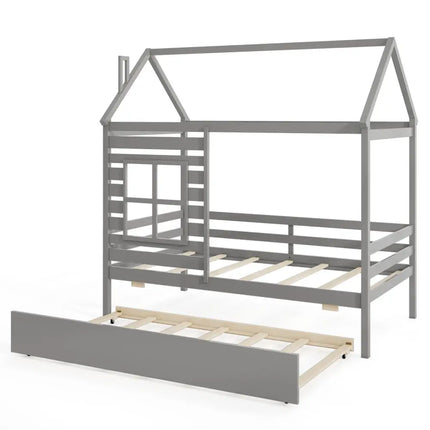 Twin Size Wooden Platform House Bed with Trundle and Roof-Grey - Gray - Trundle Bed Frame