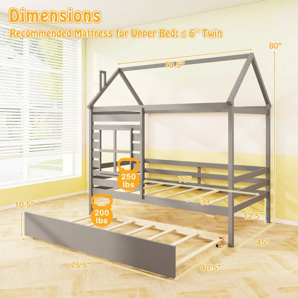Twin Size Wooden Platform House Bed with Trundle and Roof-Grey - Gray - Trundle Bed Frame