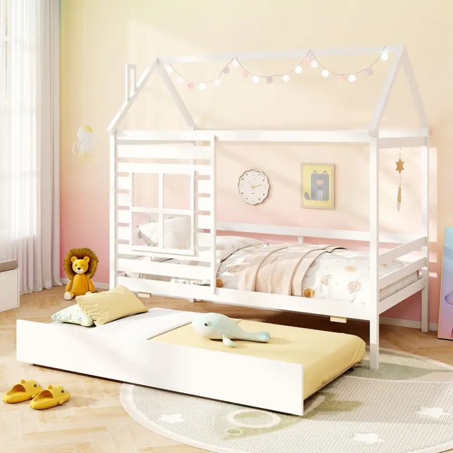 Twin Size Wooden Platform House Bed with Trundle and Roof-White - White - Trundle Bed Frame