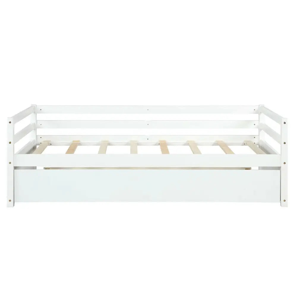 Twin Size Wooden Slat Trundle Platform-White - White - Trundle Bed Frame