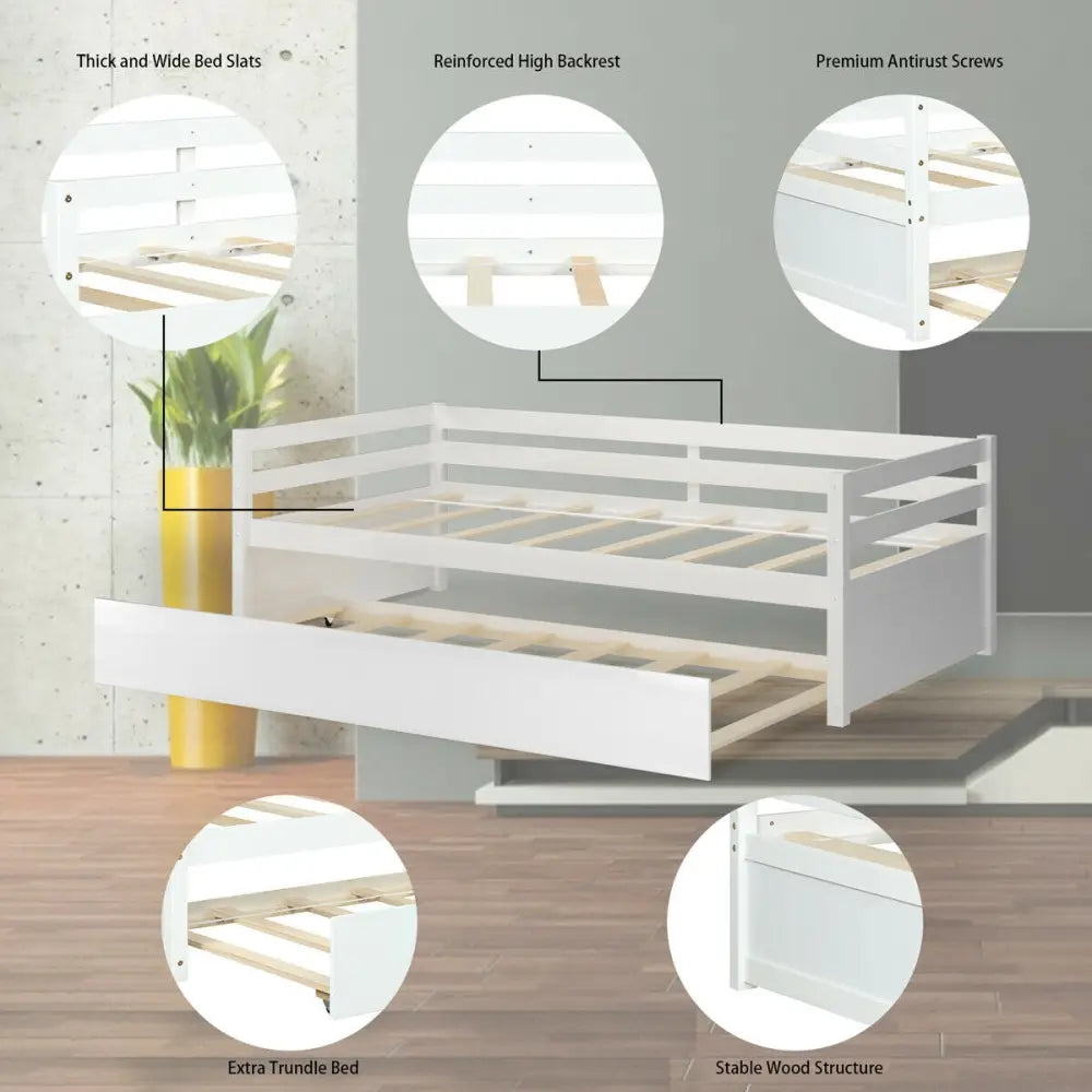 Twin Size Wooden Slat Trundle Platform-White - White - Trundle Bed Frame