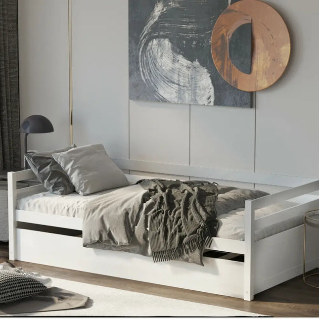 Twin Size Wooden Slat Trundle Platform-White - White - Trundle Bed Frame