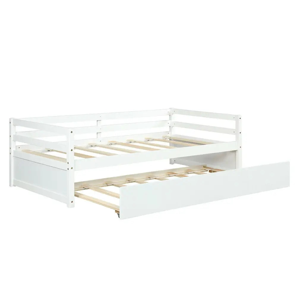 Twin Size Wooden Slat Trundle Platform-White - White - Trundle Bed Frame
