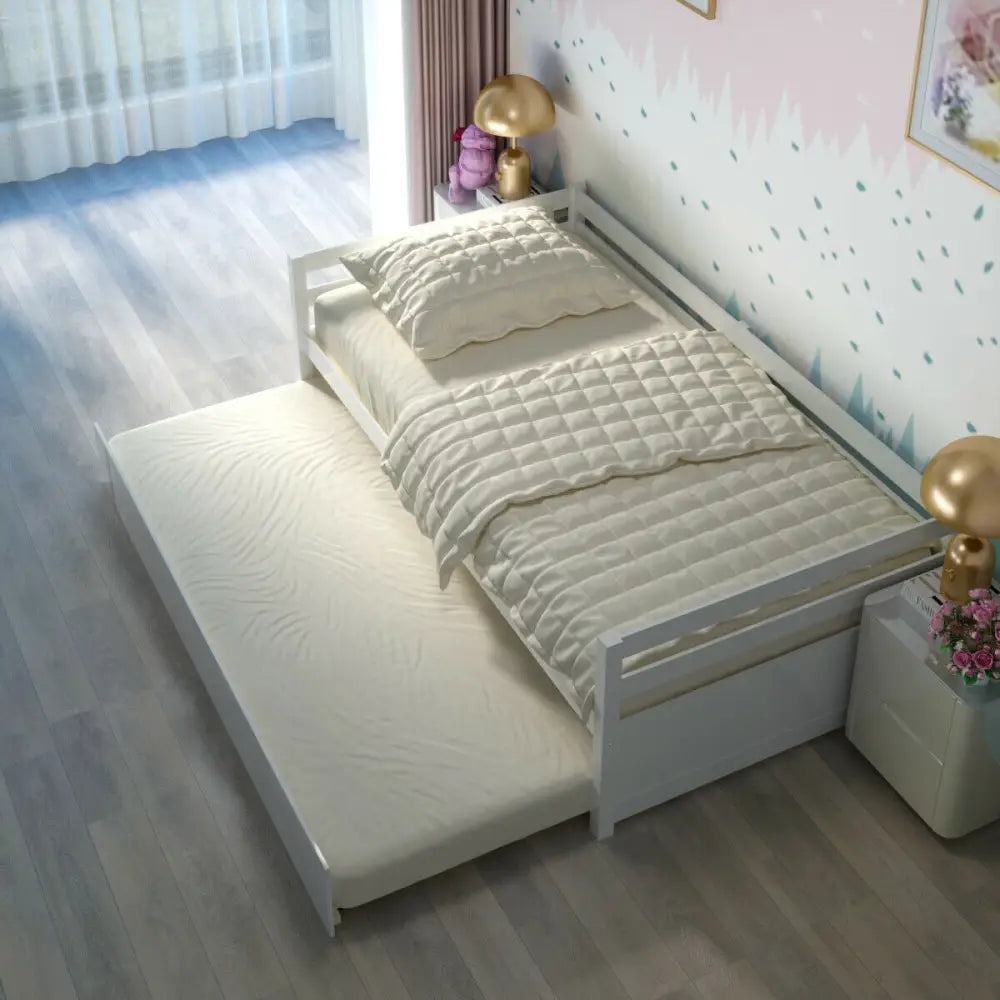Twin Size Wooden Slat Trundle Platform-White - White - Trundle Bed Frame