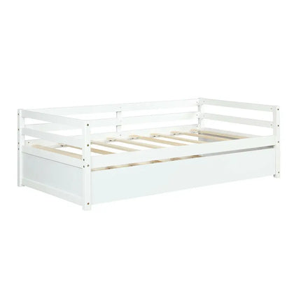 Twin Size Wooden Slat Trundle Platform-White - White - Trundle Bed Frame