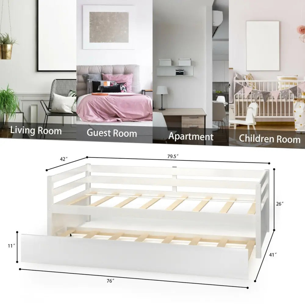 Twin Size Wooden Slat Trundle Platform-White - White - Trundle Bed Frame