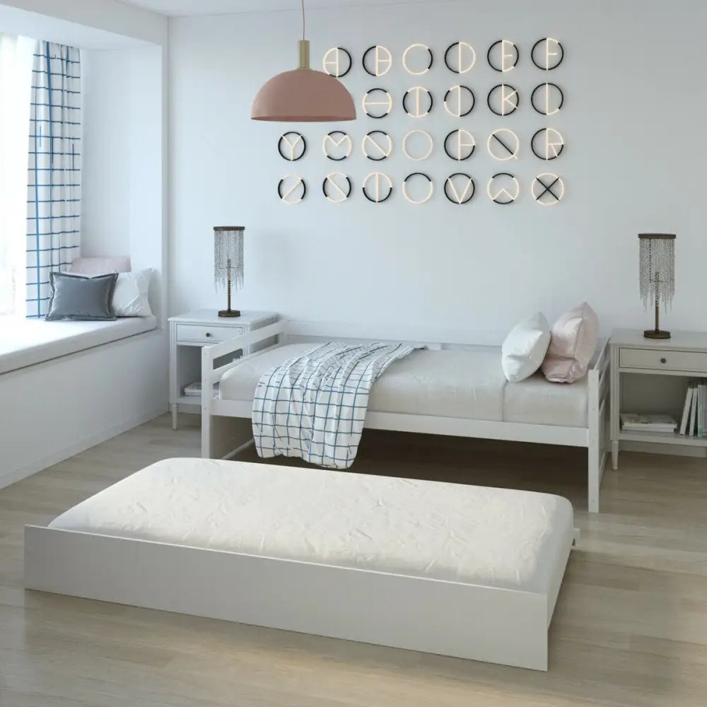 Twin Size Wooden Slat Trundle Platform-White - White - Trundle Bed Frame