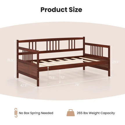 Twin Size Wooden Slats Daybed Bed with Rails-Cherry - Rustic Brown - Trundle Bed Frame