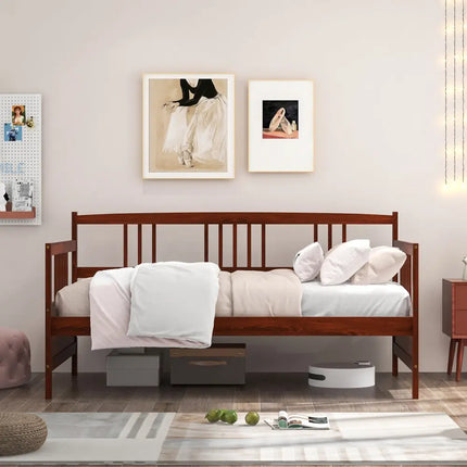 Twin Size Wooden Slats Daybed Bed with Rails-Cherry - Rustic Brown - Trundle Bed Frame