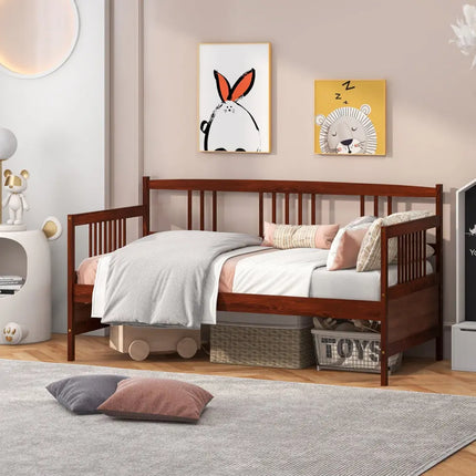 Twin Size Wooden Slats Daybed Bed with Rails-Cherry - Rustic Brown - Trundle Bed Frame