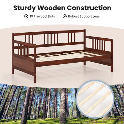 Twin Size Wooden Slats Daybed Bed with Rails-Cherry - Rustic Brown - Trundle Bed Frame