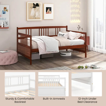 Twin Size Wooden Slats Daybed Bed with Rails-Cherry - Rustic Brown - Trundle Bed Frame