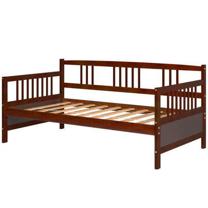 Twin Size Wooden Slats Daybed Bed with Rails-Cherry - Rustic Brown - Trundle Bed Frame