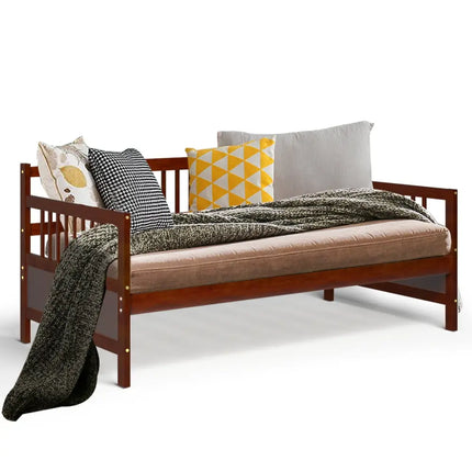 Twin Size Wooden Slats Daybed Bed with Rails-Cherry - Rustic Brown - Trundle Bed Frame