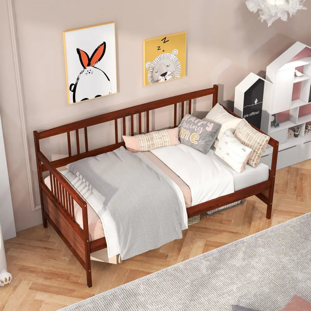 Twin Size Wooden Slats Daybed Bed with Rails-Cherry - Rustic Brown - Trundle Bed Frame
