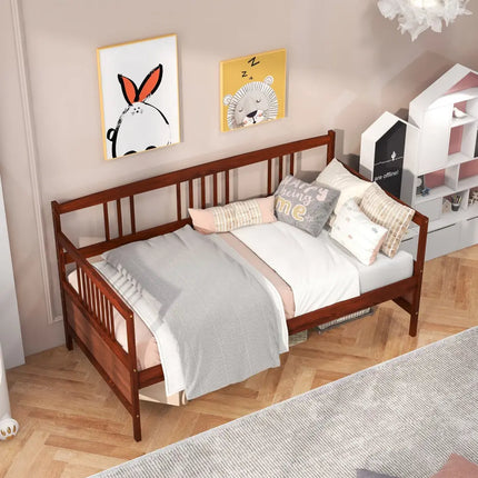 Twin Size Wooden Slats Daybed Bed with Rails-Cherry - Rustic Brown - Trundle Bed Frame