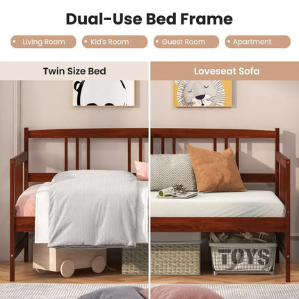 Twin Size Wooden Slats Daybed Bed with Rails-Cherry - Rustic Brown - Trundle Bed Frame