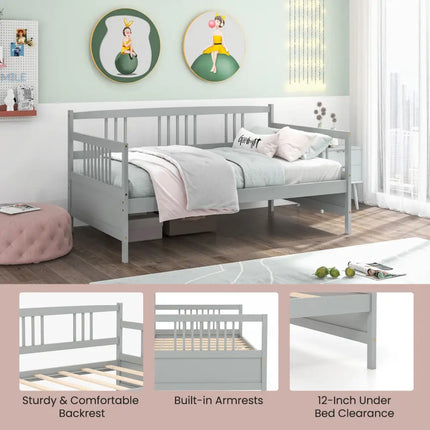 Twin Size Wooden Slats Daybed Bed with Rails-Gray - Gray - Trundle Bed Frame