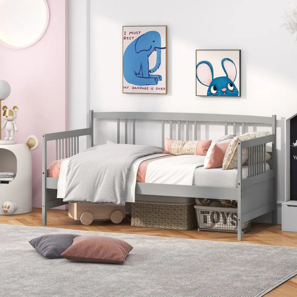 Twin Size Wooden Slats Daybed Bed with Rails-Gray - Gray - Trundle Bed Frame