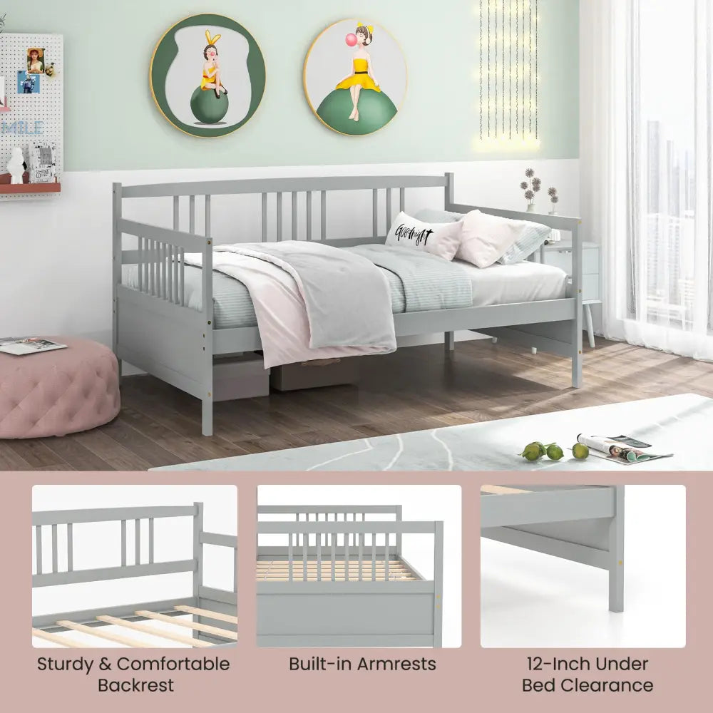Twin Size Wooden Slats Daybed Bed with Rails-Gray - Gray - Trundle Bed Frame