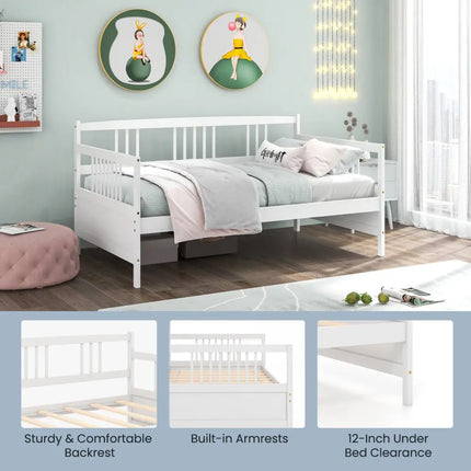 Twin Size Wooden Slats Daybed Bed with Rails-White - White - Trundle Bed Frame