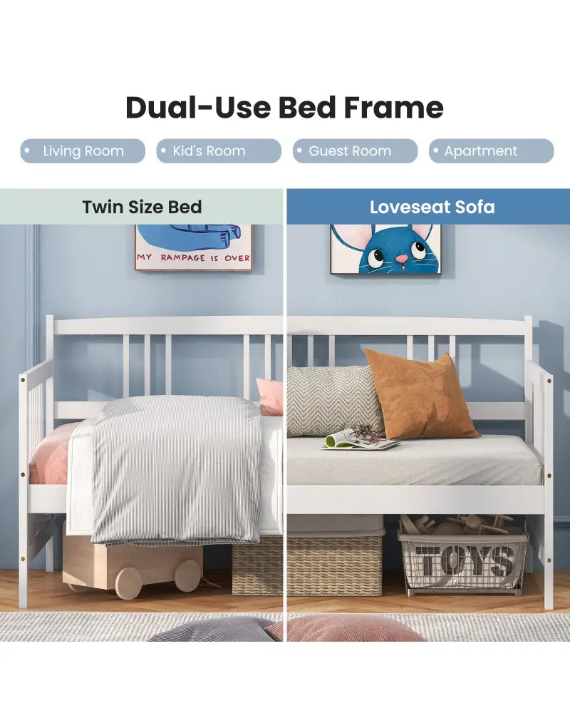 Twin Size Wooden Slats Daybed Bed with Rails-White - White - Trundle Bed Frame
