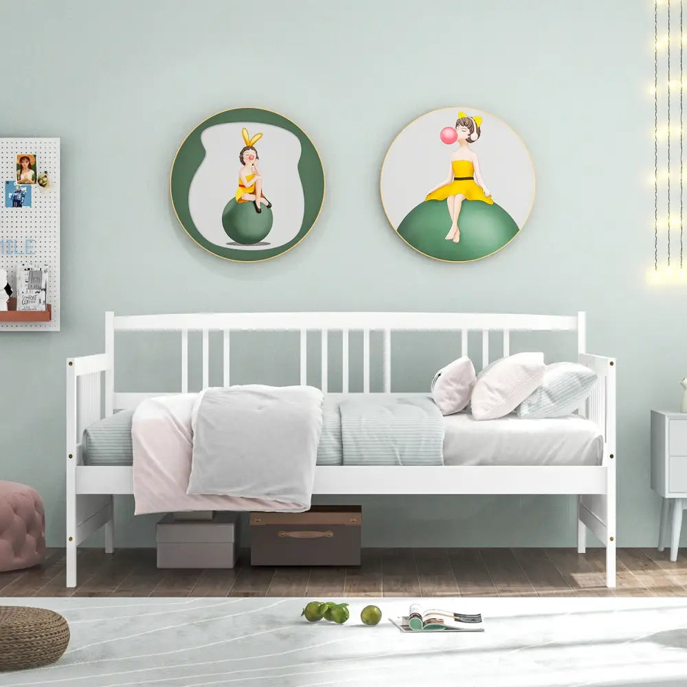 Twin Size Wooden Slats Daybed Bed with Rails-White - White - Trundle Bed Frame