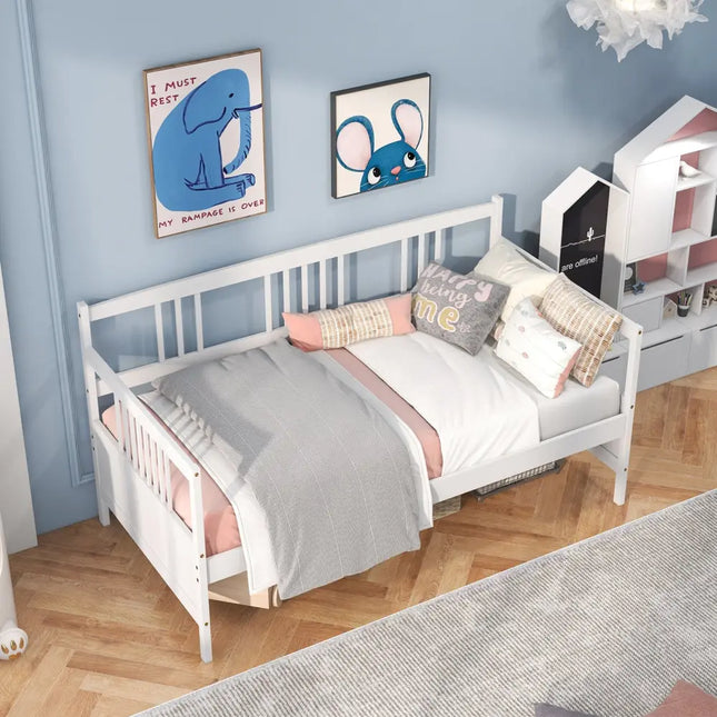 Twin Size Wooden Slats Daybed Bed with Rails-White - White - Trundle Bed Frame