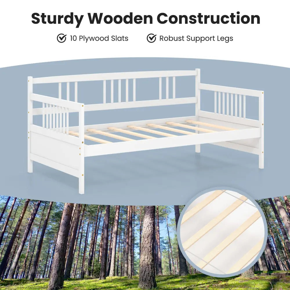 Twin Size Wooden Slats Daybed Bed with Rails-White - White - Trundle Bed Frame