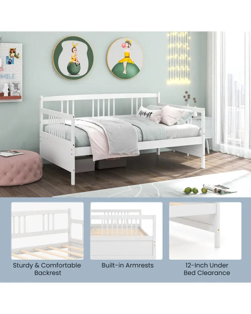 Twin Size Wooden Slats Daybed Bed with Rails-White - White - Trundle Bed Frame