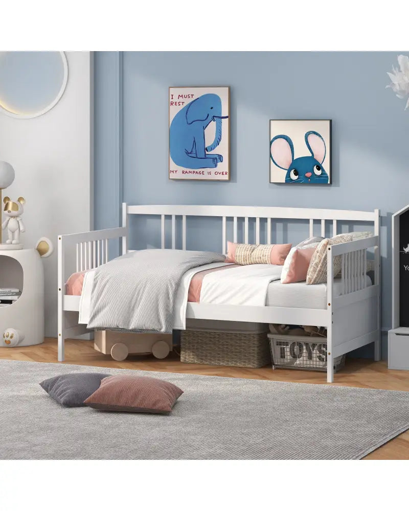 Twin Size Wooden Slats Daybed Bed with Rails-White - White - Trundle Bed Frame