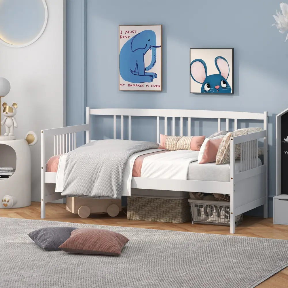 Twin Size Wooden Slats Daybed Bed with Rails-White - White - Trundle Bed Frame