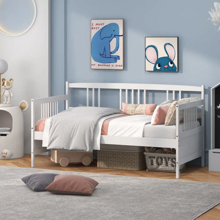 Twin Size Wooden Slats Daybed Bed with Rails-White - White - Trundle Bed Frame