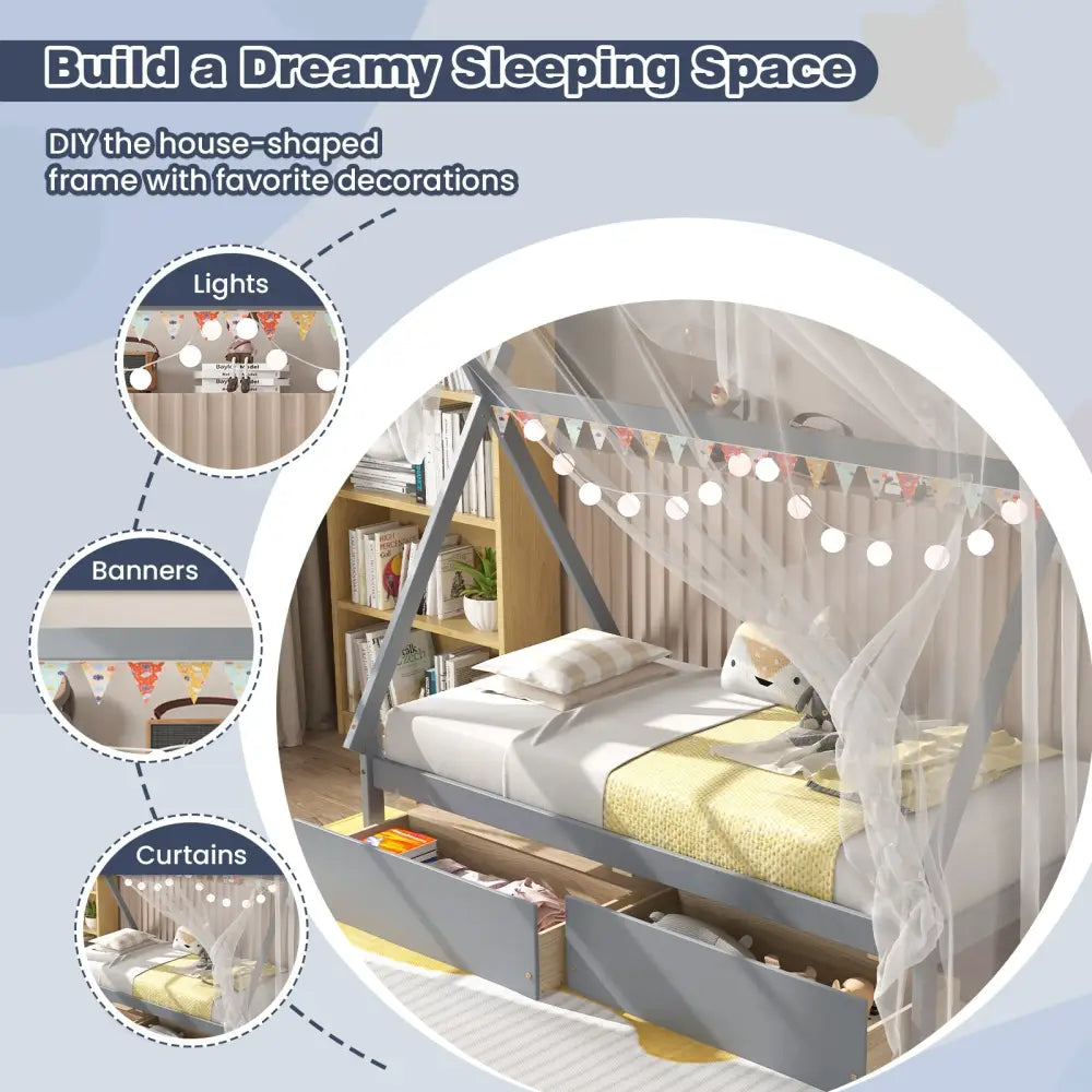 Twin Size Wooden Tent Platform House Bed with 2 Drawers-Gray - Gray - Simple Bed Frame