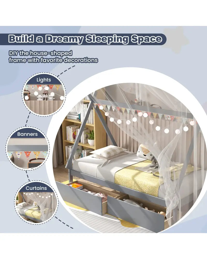 Twin Size Wooden Tent Platform House Bed with 2 Drawers-Gray - Gray - Simple Bed Frame