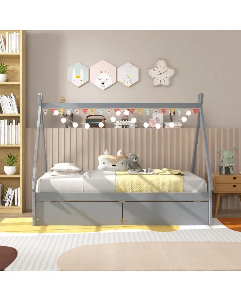 Twin Size Wooden Tent Platform House Bed with 2 Drawers-Gray - Gray - Simple Bed Frame