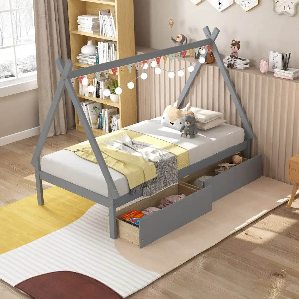 Twin Size Wooden Tent Platform House Bed with 2 Drawers-Gray - Gray - Simple Bed Frame