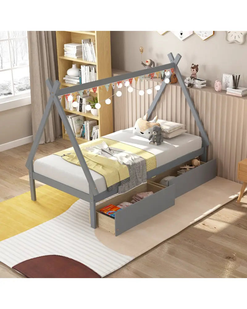 Twin Size Wooden Tent Platform House Bed with 2 Drawers-Gray - Gray - Simple Bed Frame