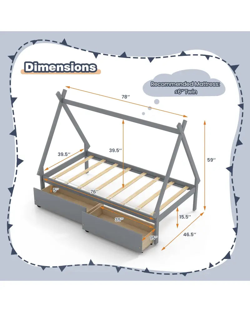 Twin Size Wooden Tent Platform House Bed with 2 Drawers-Gray - Gray - Simple Bed Frame